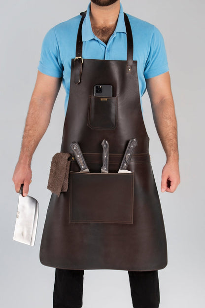 BBQ, Blacksmith, Grill, Woodwork, Chef, Butcher Canvas Apron with Leather Straps - 