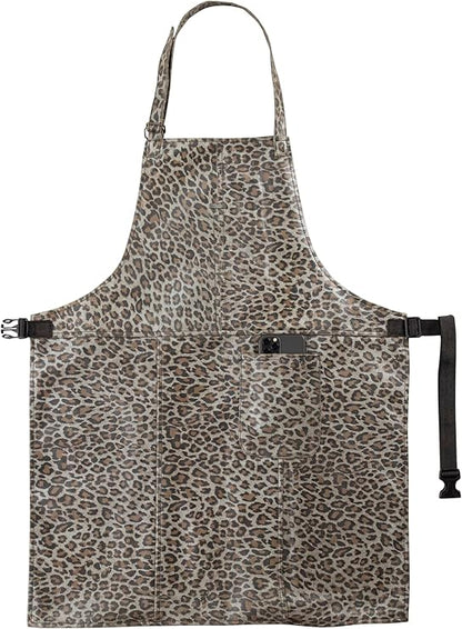 Leopard Print Leather Apron for Women & Men - Adjustable Cooking Apron with Pockets - 